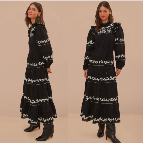 FARM Rio‎ Embroidered Long Sleeve Tiered Maxi Dress Black XS - Picture 3 of 12